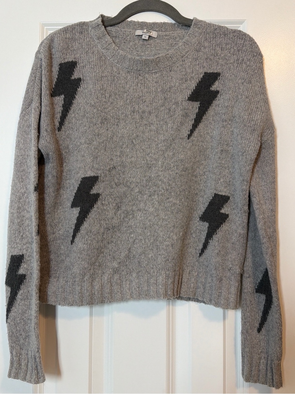 Rails Wool/Alpaca Gray Crewneck Sweater with Black Lightning Motif